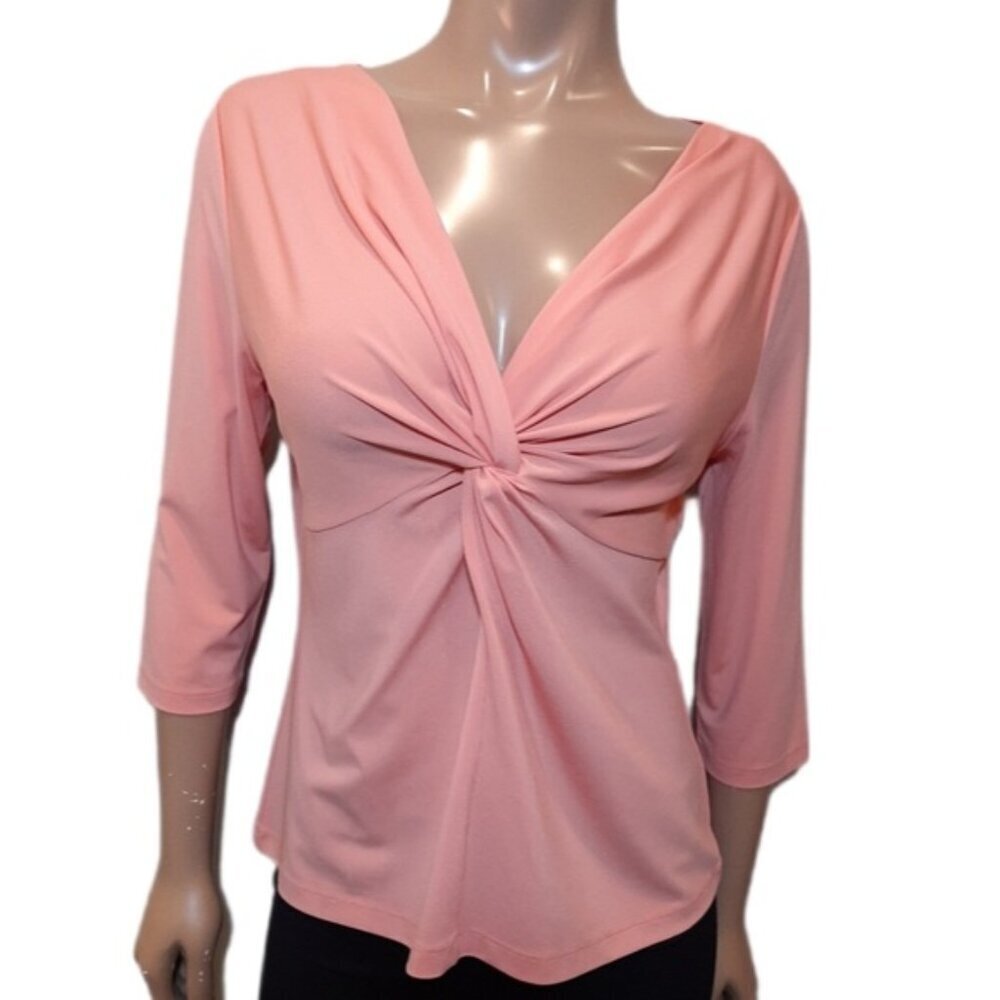 3/$20 Apostrophe Twisted Vneck Top Cropped Sleeve Coral Salmon Blouse Knotted